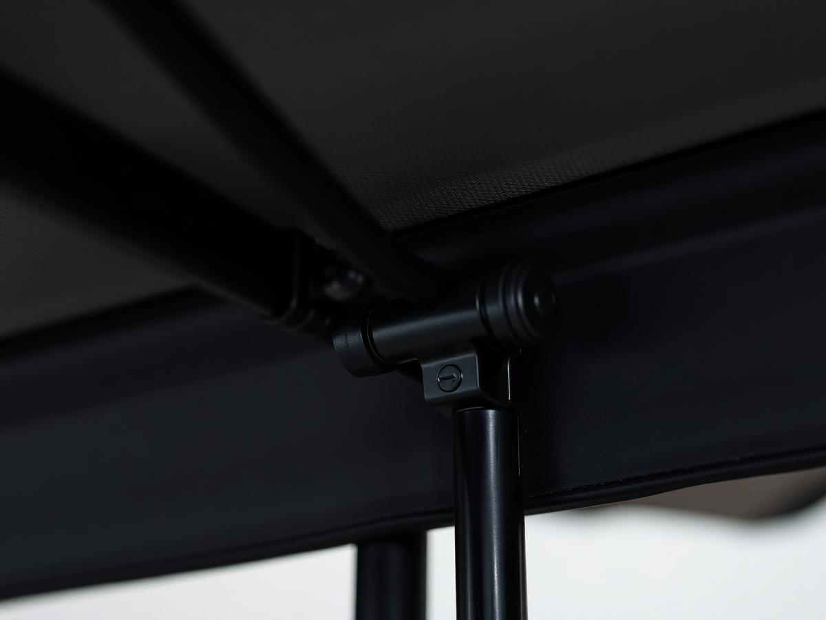 Macro shot of a Tongtu rooftop tent hinge — precision engineering