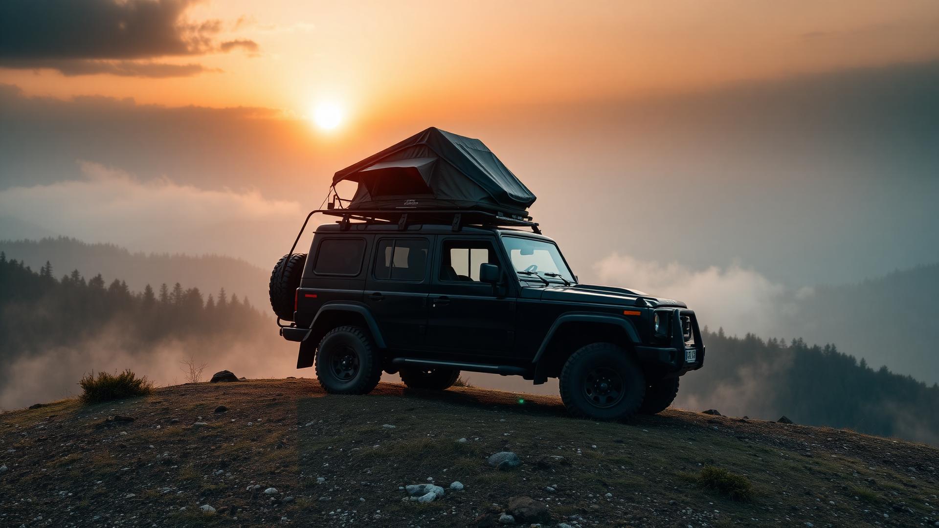 Rugged 4x4 vehicle at golden hour on a mountain ridge with a Tongtu rooftop tent deployed