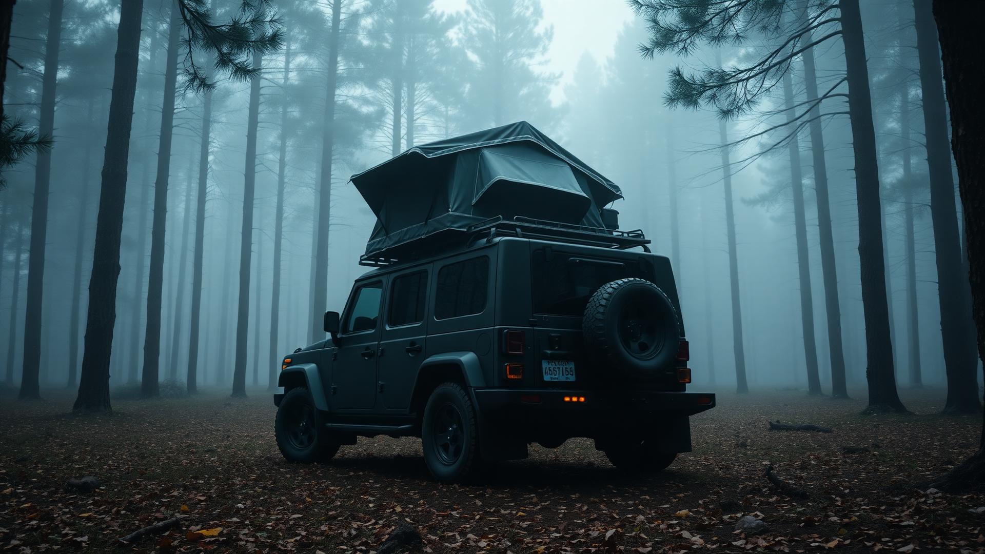 Hard-shell rooftop tent on 4x4 in a moody pine forest